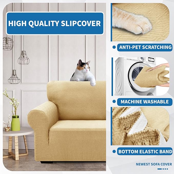 XINEAGE 2026 New 1 Piece Couch Covers for 2 Cushion (55"-69") Stretch Loveseat Sofa Cover Slipcover Jacquard Universal Furniture Protector with Elastic Bottom for Kids,Dog (Loveseat, Beige)