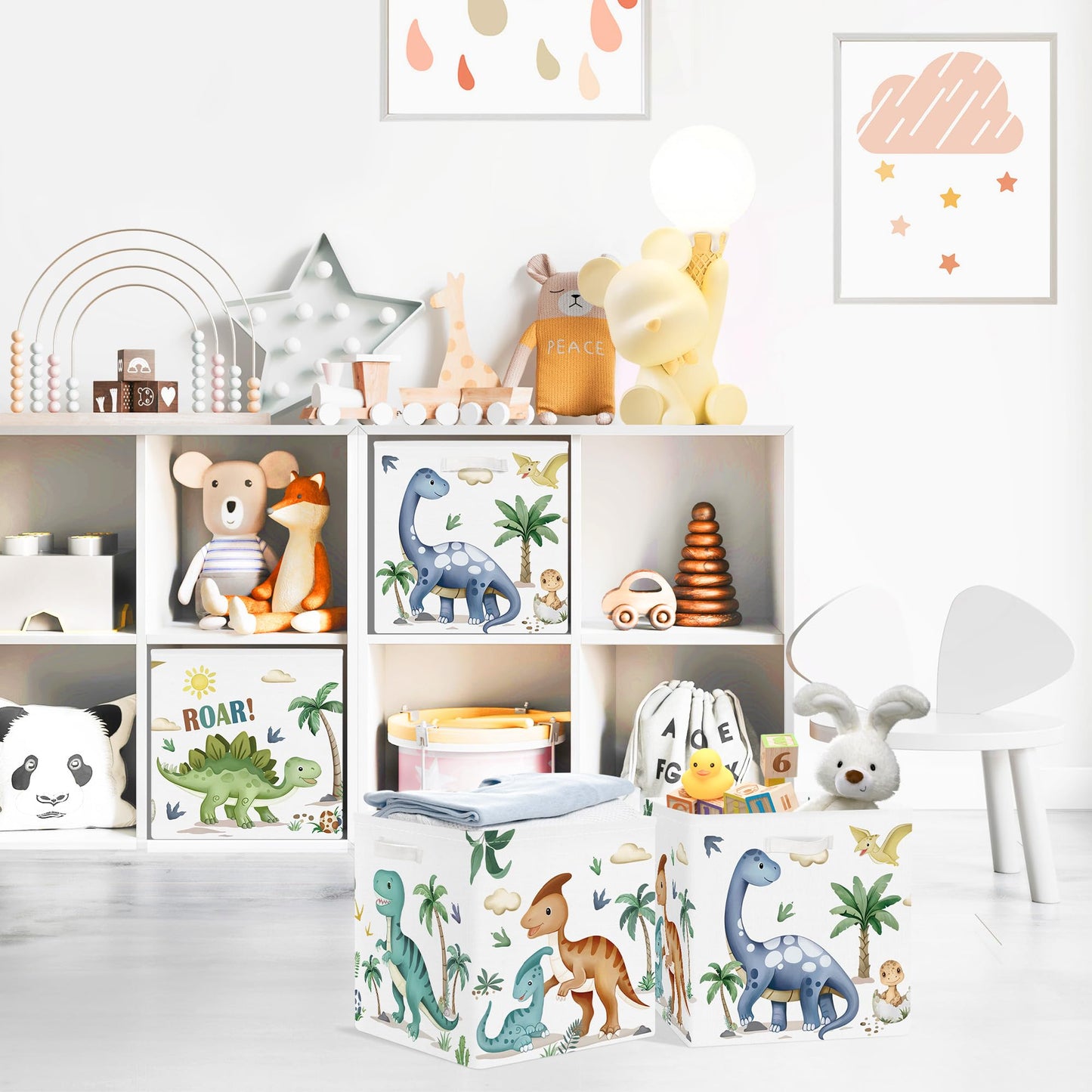 Clastyle 3 Pack 11.8'' Fabric Dinosaur Storage Basket for Shelves Collapsible Closet Organizers with Metal Frame Bottom Board Large Kid Clothes Toy Book Cube Bin for Playroom Bedroom,Boho