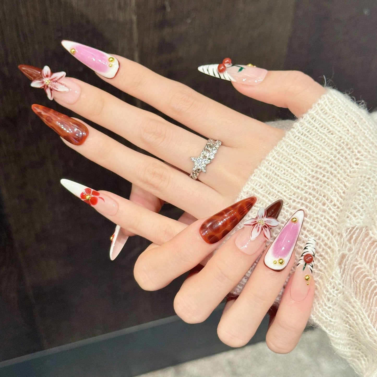 TENPAL Cherry Blush French Tips Press on Nails Long Stiletto with 3D Floral Carving, Handmade & Reusable, Soft Flattering False Nails for Everyday Wear | Sheer Cherry Style(M)