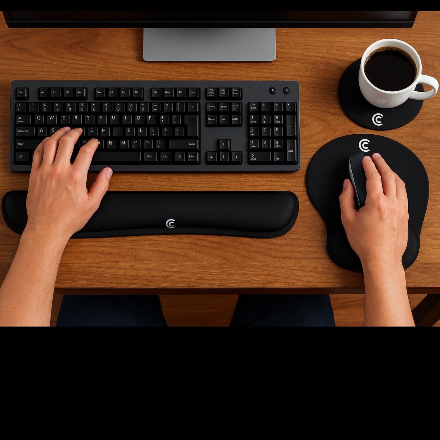 4pc Wrist Rests for Keyboard and Mouse Pad Set - Memory Foam Cushion, Black - Ergonomic Wrists Hand Arm Rest Support for Laptop Computer Desk and Gaming - Carpal Tunnel Syndrome Relief