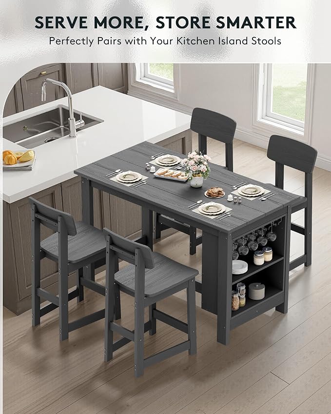 SERWALL 8-Piece Counter Height DiningTable Sets with Storage and Wine Rack, HDPE 2 Rectangular Bar Table with Bar Stools Set of 6 for Garden, Backyard, Kitchen, Gray