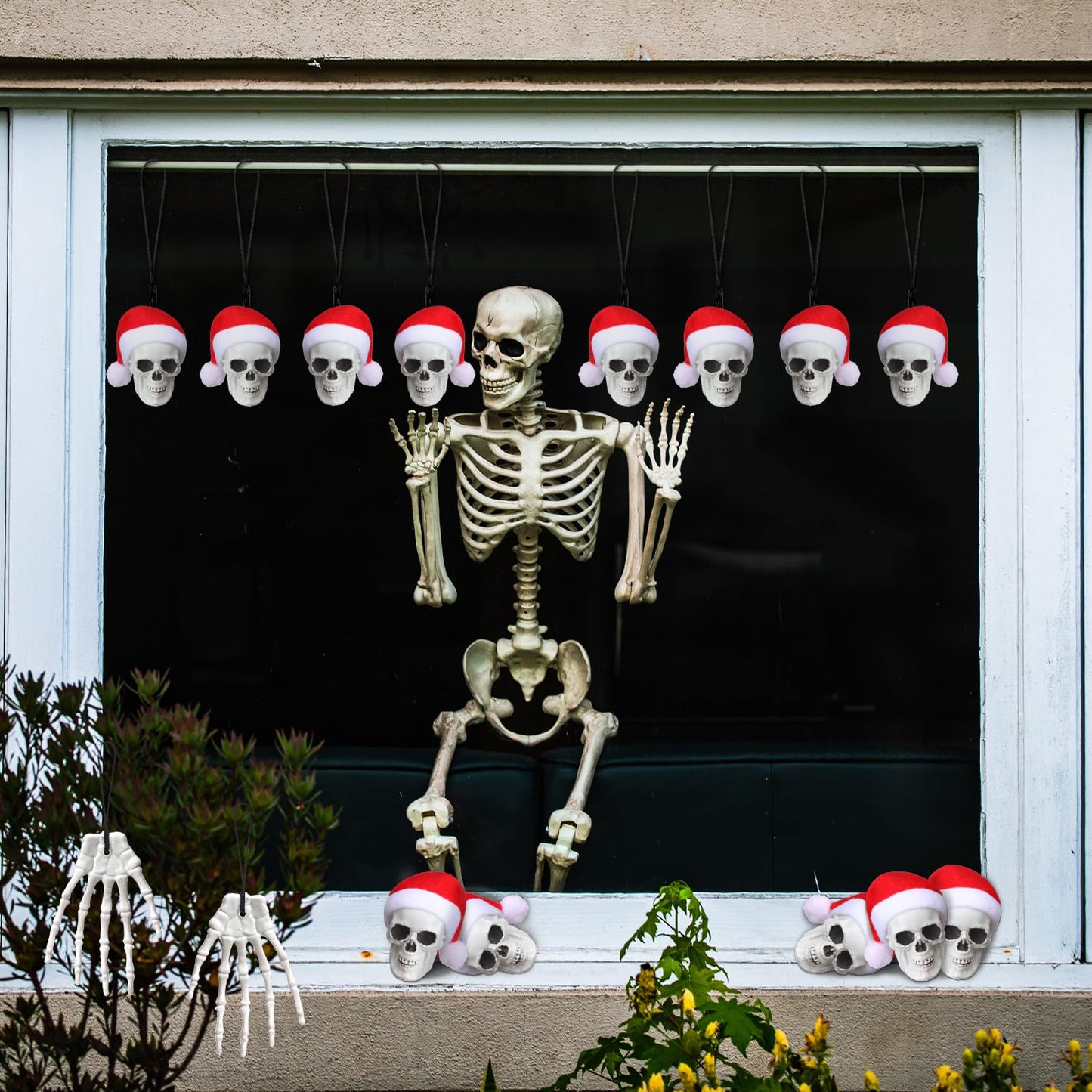 Soulchen 24 Pcs Christmas Gothic Decorations Skull Tree Hanging Ornament with Santa Hat Halloween Skulls Head and Hand Small Skeleton Decoration Spooky Christmas Hanging Ornament for Party Supply