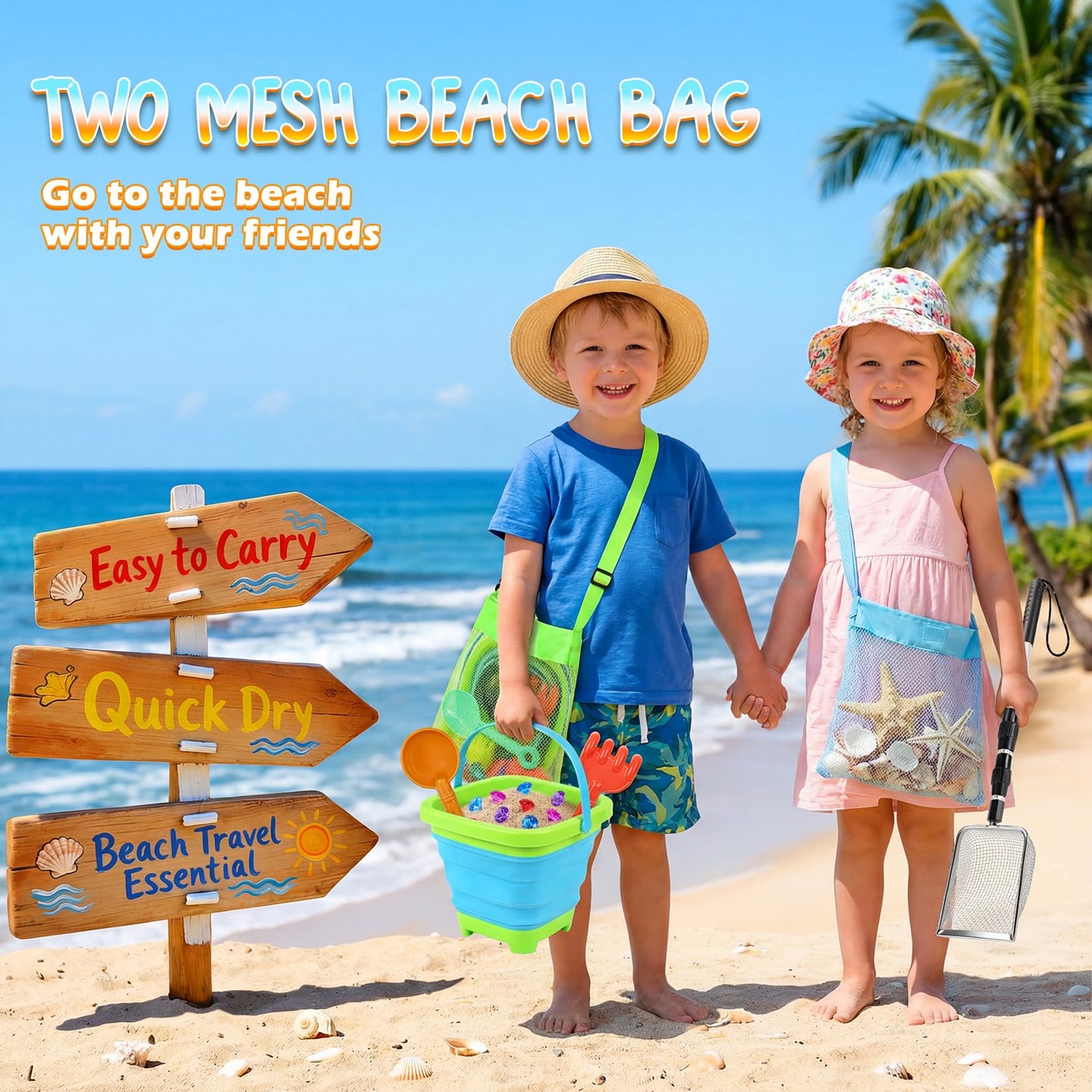 Beach Sand Toys Set with 2 PCS Adjustable Shark Tooth Sifter, Collapsible Beach Bucket,Sandbox Shovels,Sand Castle Kit,Diving Gem,Seashell Bags,Sand Sifter Shell Scooper Beach Essentials for kids 3-12