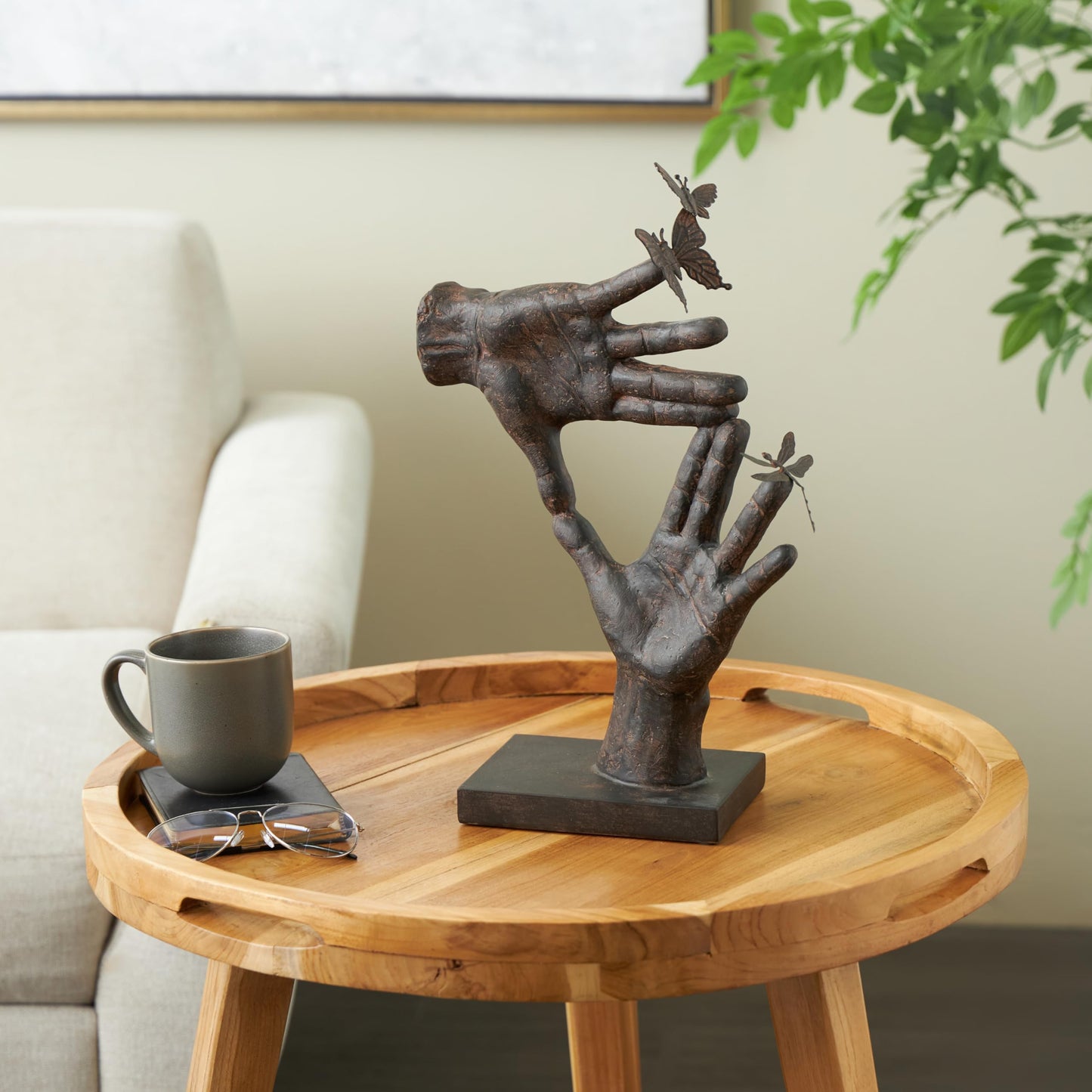Deco 79 Polystone Hands Decorative Sculpture Sign Home Decor Statue with Butterrfly Accents, Accent Figurine 11" x 5" x 16", Dark Brown
