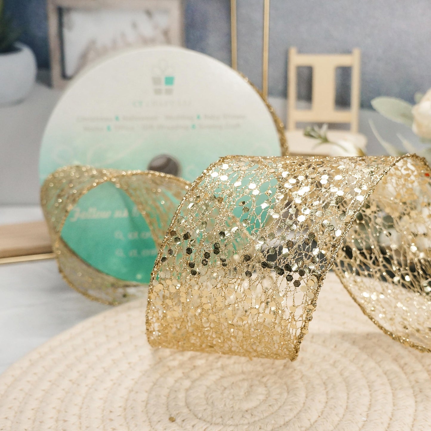 CT CRAFT LLC Sparkling Glitter Mesh Wired Ribbon 2.5" x 20 Yards Gold for Christmas Home Decor Bow Gift Wrapping DIY Crafts Wreath
