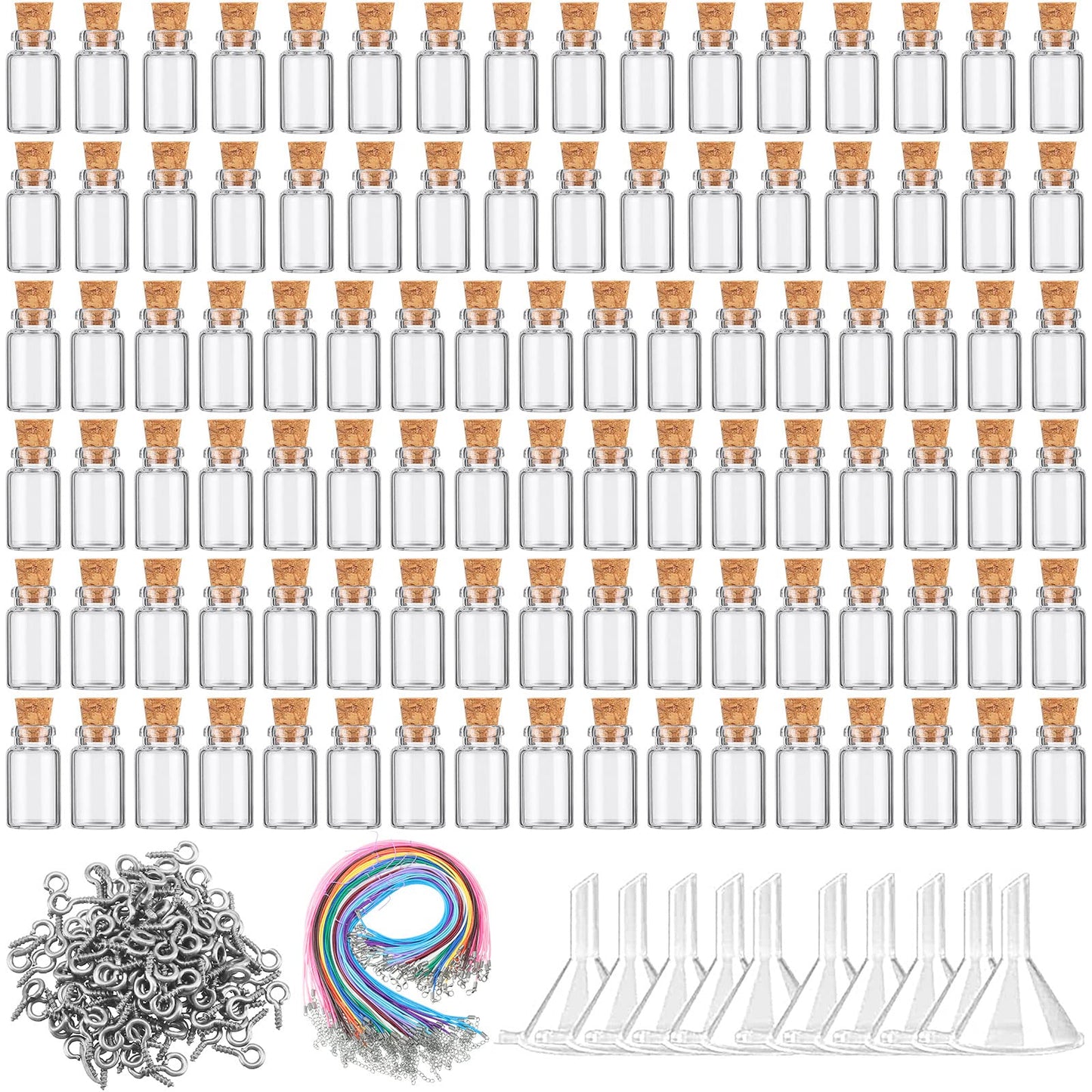 Mimorou 100 Pcs Mini Glass Bottles with Cork Stoppers 2 ml Clear Small Jars 0.07oz Glass Vials Sets DIY Decorative Wish Bottles, Including 100 Eye Screws 100 Ropes 10 Funnels