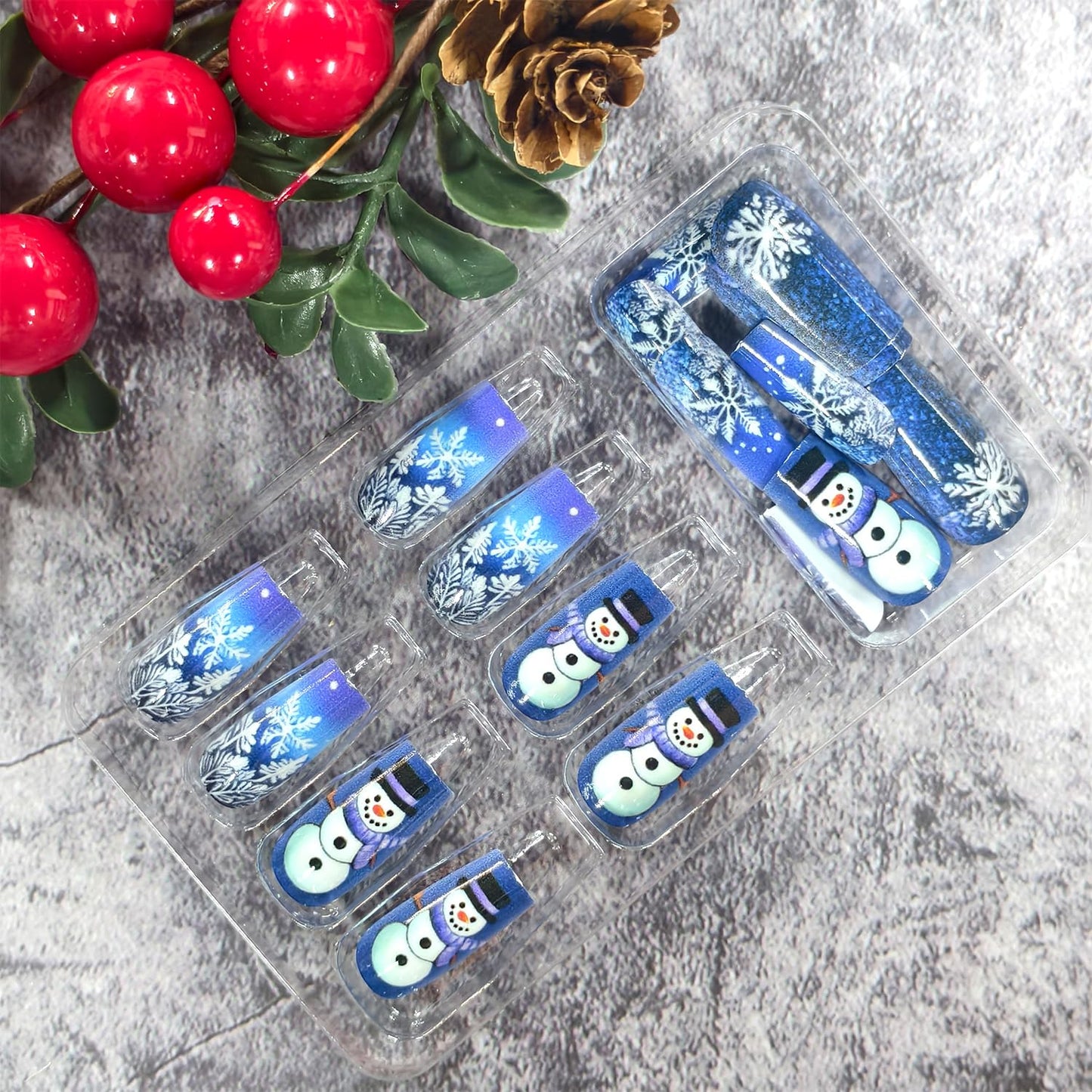 CJDLTS Christmas Press on Nails Medium Artificial Square Acrylic False Nails Gradient Snowflake with Snowman Stick on Nail Full Cover Winter Reusable Coffin Artificial Fingernails for Women Manicure