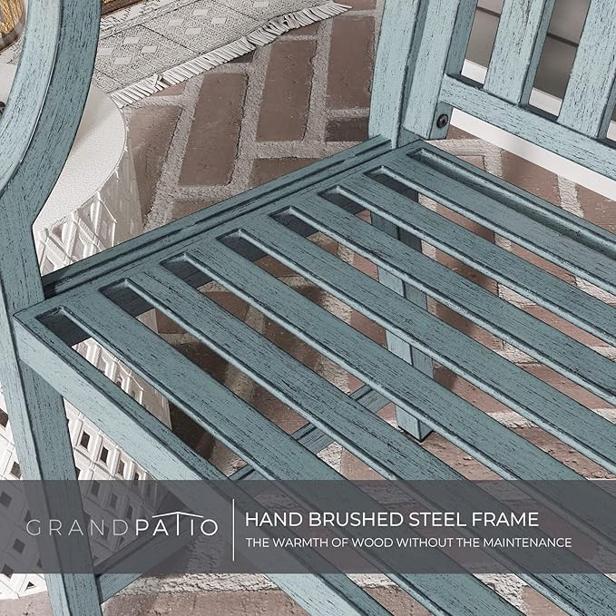 Grand patio 52" Farmhouse Outdoor Bench, Garden Benches with Anti-Rust Aluminum Metal Frame, Faux Wood Grain Finish Frame Patio Bench for Front Porch, Weathered Blue