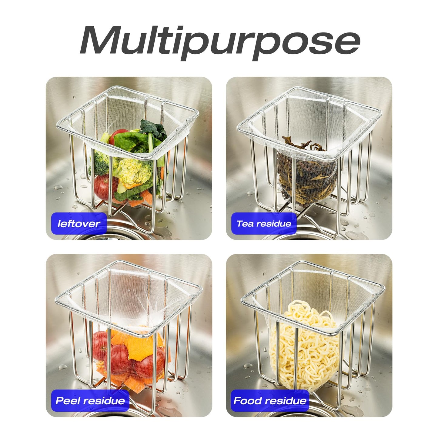 Kitchen Sink Strainer with Sink Basket Holder and 200 Strainer Net Bags,Food Catcher with Drain Filter Mesh Bag,Meshmate Waste Rack Trash Catcher for Leftovers.