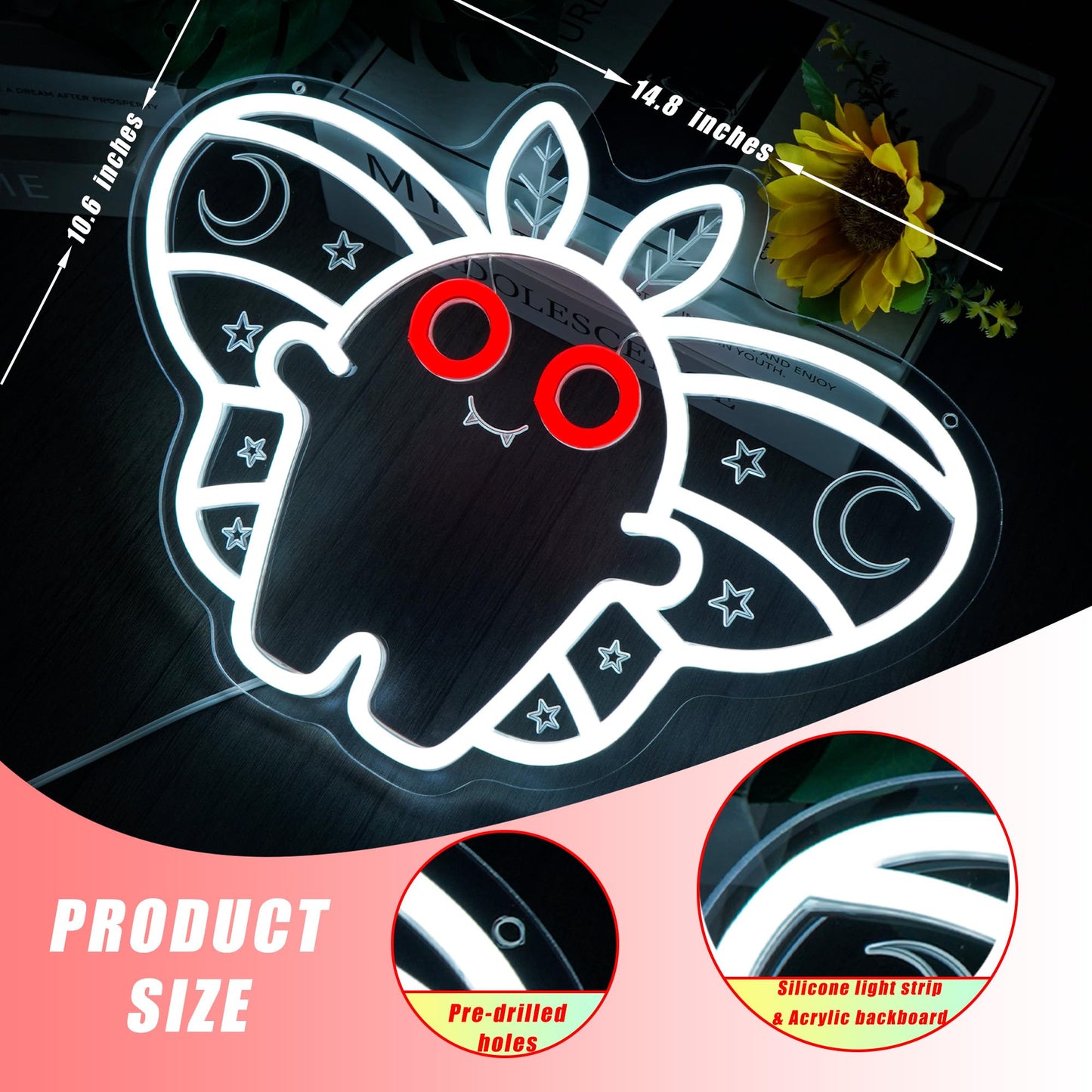 BZTPZ Mothman Neon Sign Cute LED Cryptid Wall Art Cartoon Neon Light for Kids Room Decor Mysterious Creature Light Gift for Fans(14.8 * 10.6inch)