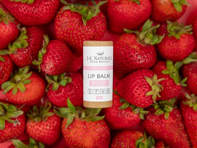 J&L Naturals Sustainable Lip Balm | Organic Ingredients, 100% Natural, Eco-Friendly | Cruelty Free, Vegan, Paraben Free, Silicone Free (Strawberry & Vanilla, 2-Piece Duo)