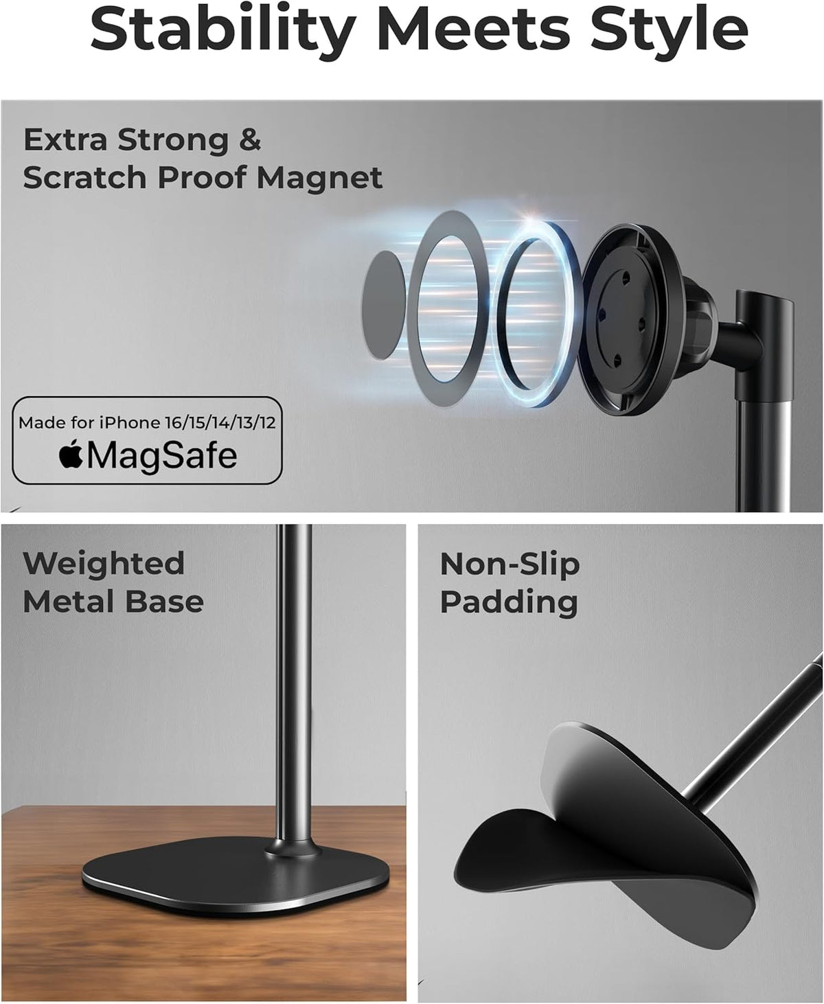 Cooper MagStand - Adjustable Magnetic iPhone Stand for Desk & Phone Holder for Video Recording, Compatible with MagSafe, Stand for iPhone 16 Pro Max, 15/14/13/12, Small Mag Safe Tripod (Night Black)