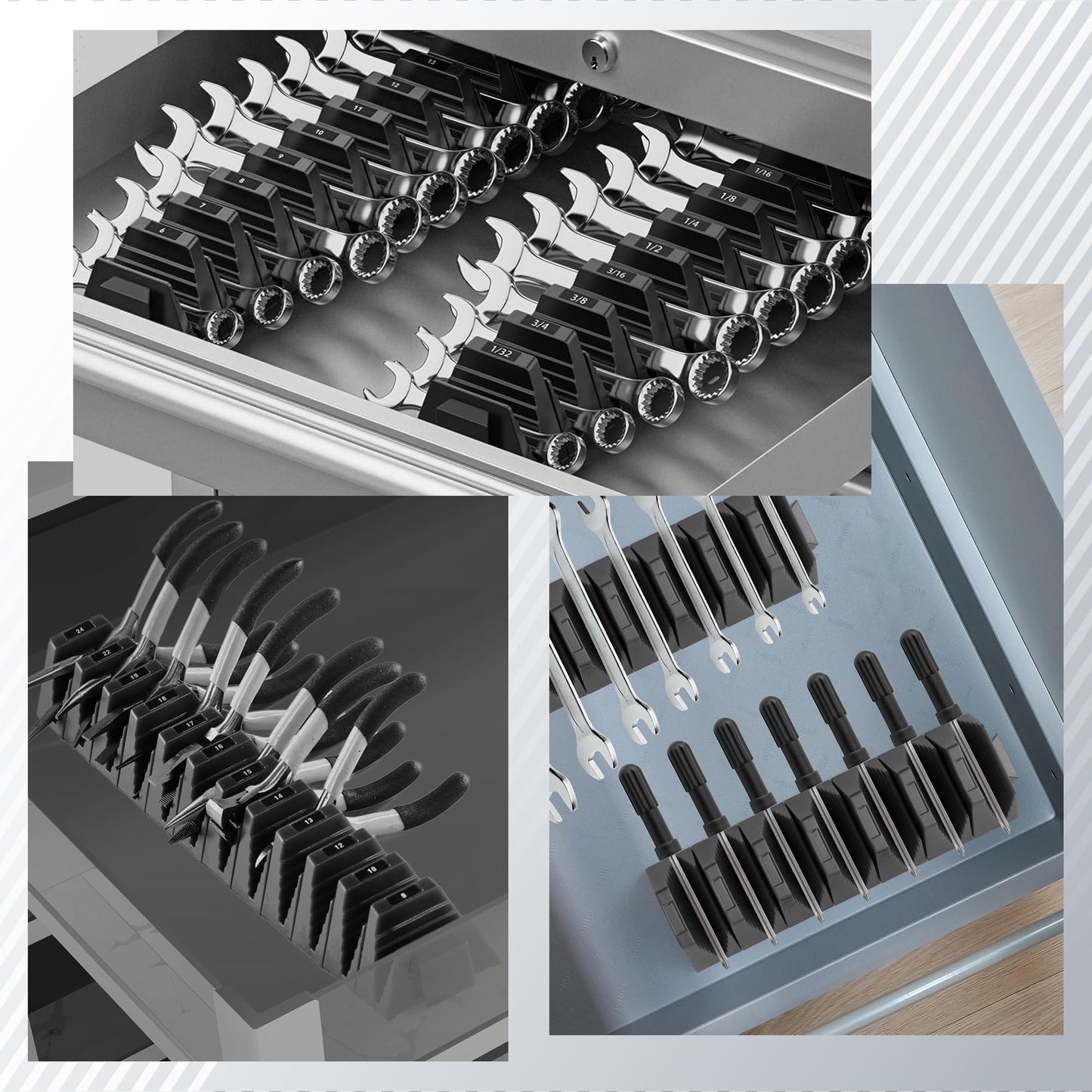 GQIRIL Magnetic Modular Wrench Organizer - 48PCS Magnet Wrench Rack for Tool Box Drawer Storage, Tool Organization Holder with Metric & SAE Labels, Workshop Gift for Mechanics Men Father (Black)