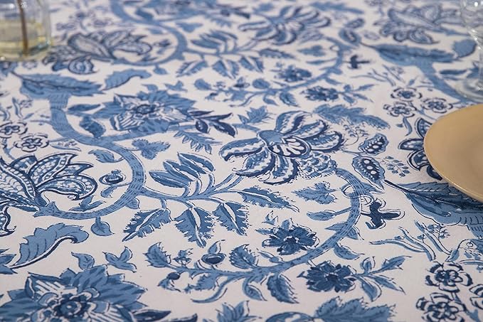 Labhanshi Indian Block Print Table Cloth|Jaipur Rectangle Floral Cotton Table Cover 60x90 Inch 6-Seater Spring Easter Kitchen Dining Tablecloth|Patio Table Cover for Event Wedding Banquet Parties|Blue