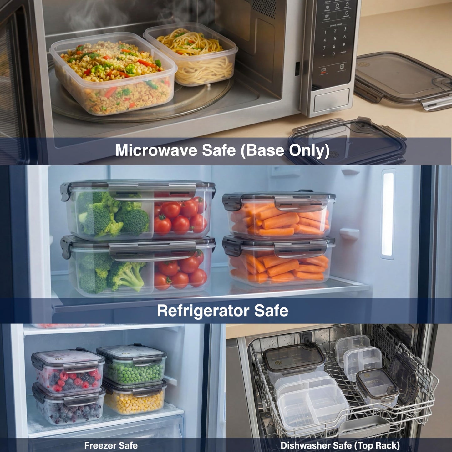 Clutterix Compartmentalized Plastic Airtight Food Storage Containers with Vented Lids, 3-Compartment Design, BPA-Free, 5-Pack (5.5 Cups Each) for Meal Prep and Portion Control