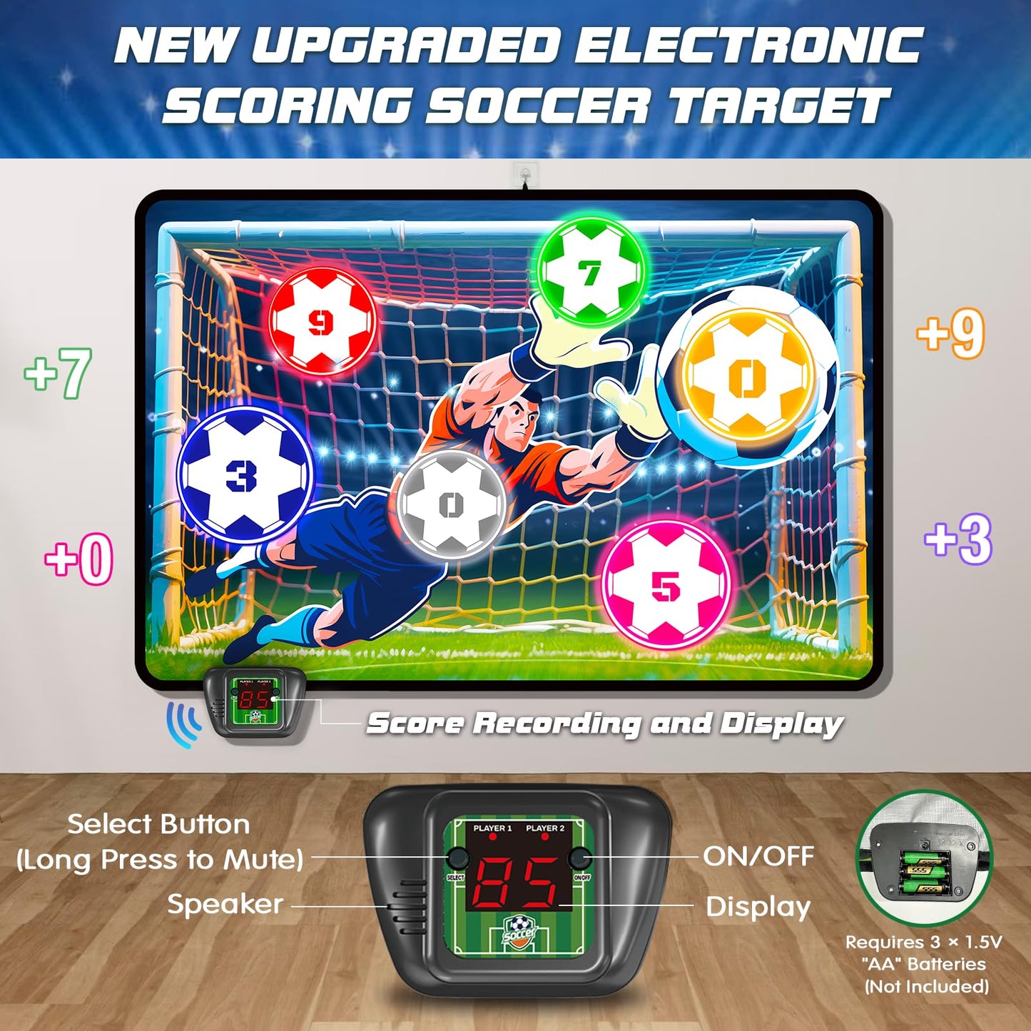 VATOS Electronic Scoring Soccer Toy Game Set for Kids, Indoor Outdoor Soccer Training Target with Real-Time Scoring, 2 Modes, Fabric Goal and 2 Soft Balls, Fun Sport Birthday Ages 3+