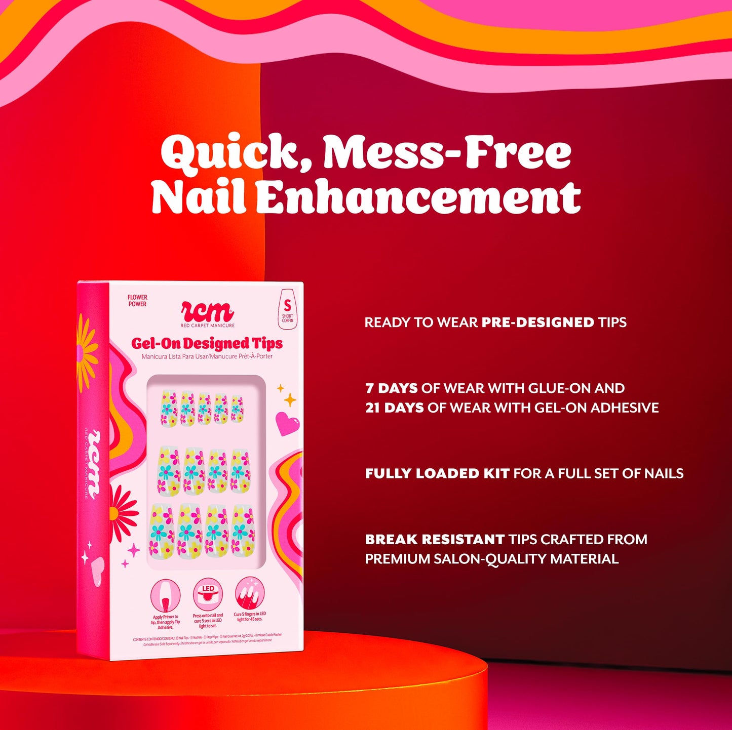 RC Red Carpet Manicure Gel-On Designed Tips - Full Coverage, Flexible, Break-Resistant, 21-Day Wear, UV/LED Cured Gel Adhesion for Natural Look (Flower Power Short Coffin)