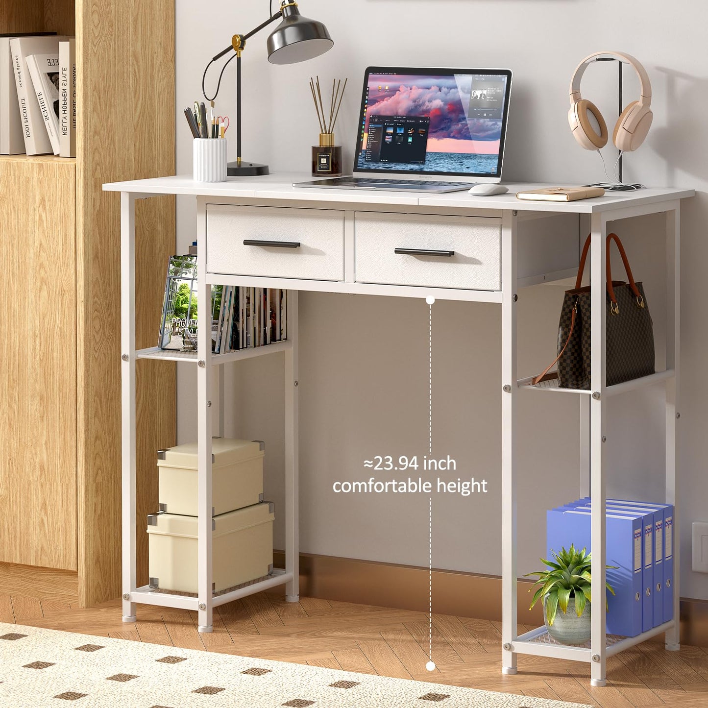 DAOUTIME White Computer Desk with Drawers, 37.3 Inch Home Office Work Desk with Storage Shelf, Kids Teens Study Table for Small Space, Small Writing PC Table for Bedroom Makeup Vanity Desk