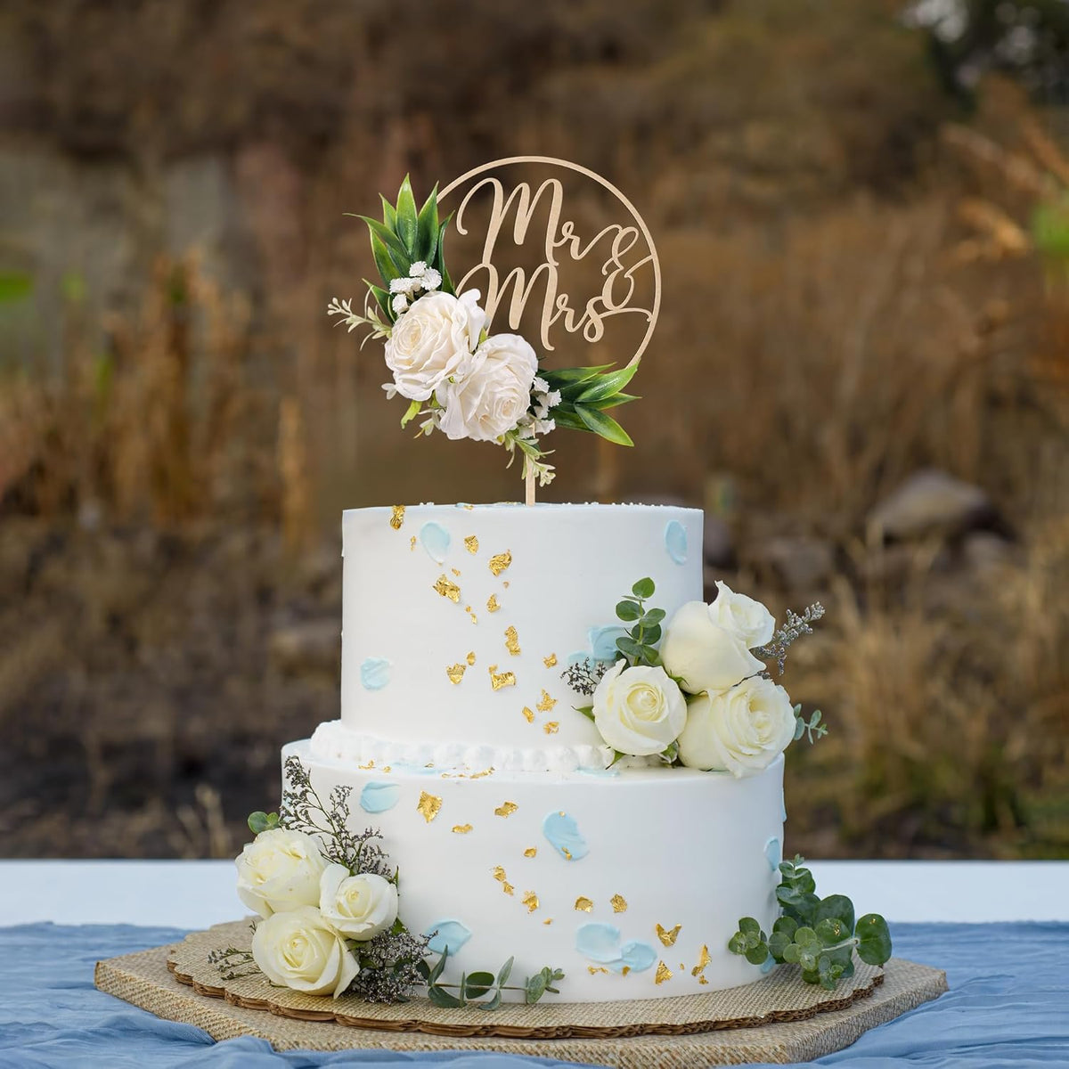 Mr & Mrs Wedding Cake Topper with 3D Artificial White Flowers and Green Leaves Wooden Cake Decoration for Wedding 3D White Roses