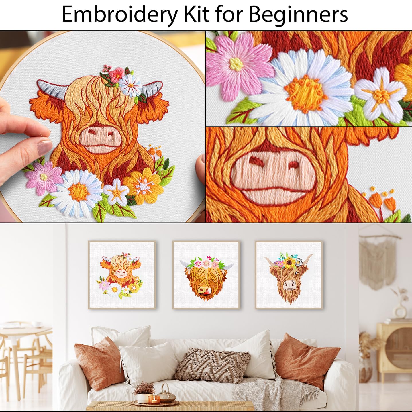 Louise Maelys 3 Sets Highland Cow Embroidery Kits for Beginners,Cross Stitch Kit for Adults,Starters DIY Needlepoint Including Embroidery Hoop Cloth Needles Instruction and Threads