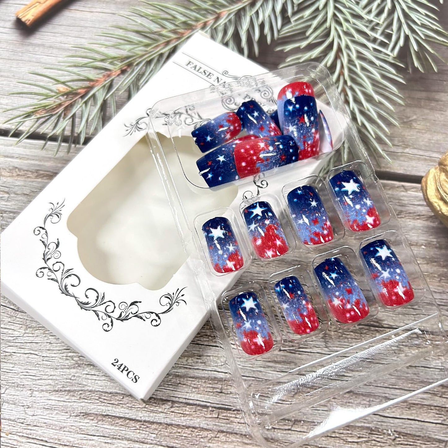 CJDLTS 24Pcs Independence Day Stars Press on Nails Medium Square Red Blue Smudge 4th of July Independence Day False Nail Full Cover Artificial Acrylic Nails Holiday Manicure Glue on Nail for Women