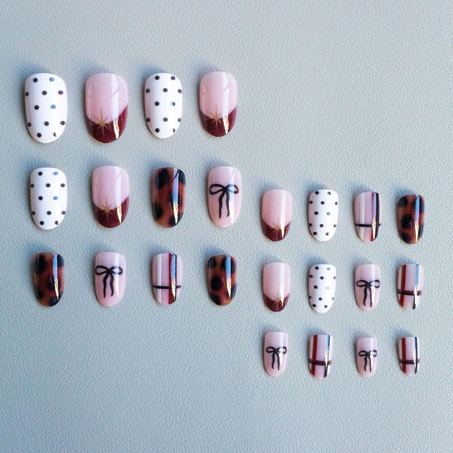 IMSOHOT Press on Nails Short Oval Fake Nails Brown Acrylic False Nails with Polka Dot, Bow Designs Cute Round Glossy Glue on Nails for Women Girls Nail Decoration