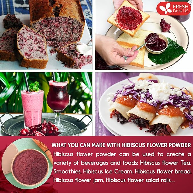 FreshDrinkUS, Premium 16oz Hibiscus Flower Powder, 100% Natural and Pure from Hibiscus Flowers, Natural Food Coloring, Hibiscus Flowers Tea, No Additives, No Gluten, No Sugar, Vegan