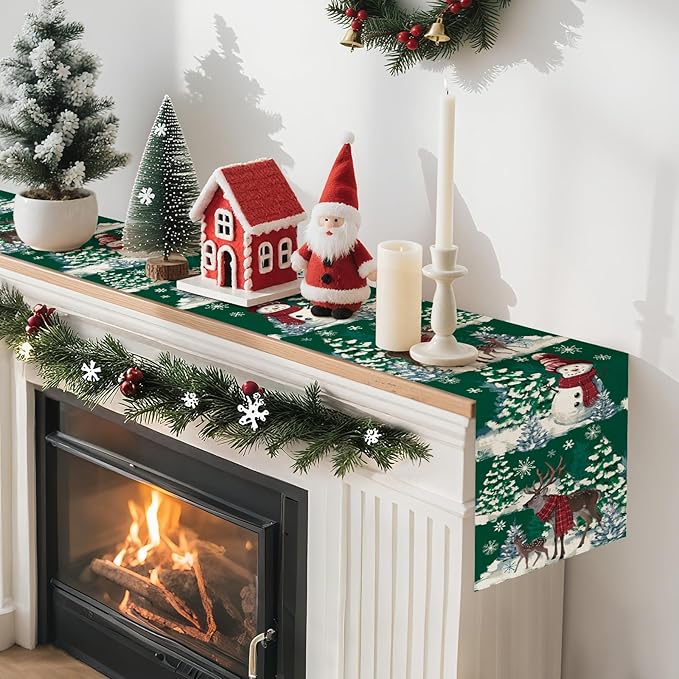 Artscope Reindeer Snowman Christmas Tree Table Runner, Xmas Winter Snowflakes Holiday Kitchen Dining Table Decoration for Christmas Home Party Decor 13x90 Inch-Green