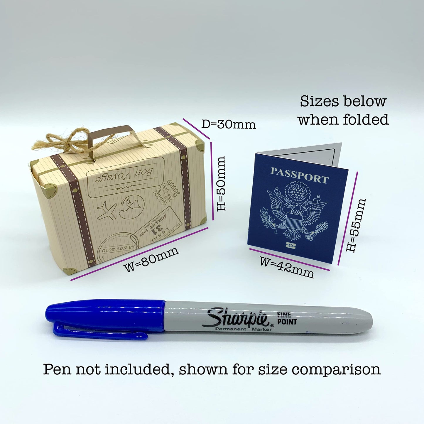 DIY Surprise Mini Suitcase & Mini Gold foil Pretend USA Passport Reveal Gift bundle (DIY). Perfect for Valentines, vacations, birthday, family trips away!