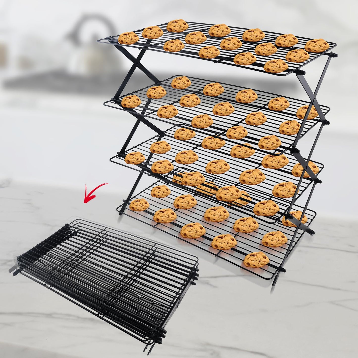 4-Tier Collapsible Cooling Rack For Baking - Expandable & Foldable Cookie Cooling Wire Rack - Baking Rack - Foldable Cooling Rack For Baking Supplies - Premium Quality & Sturdy Legs