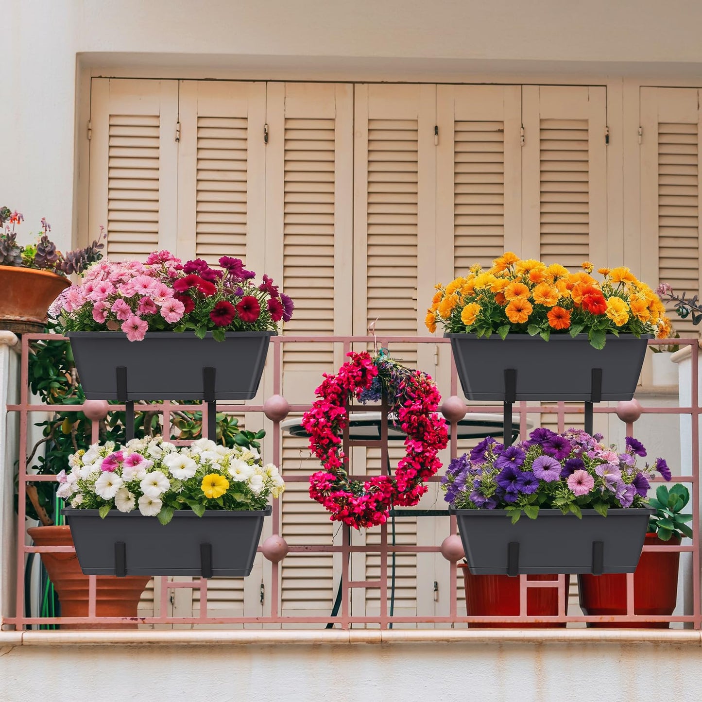 Railing Planter Box 2 Pack Rectangular Window Boxes Planters with Double Adjustable Brackets, Balcony Deck Railing Hanging Planters Herb Flower Pots for Indoor Outdoor Plants Garden Fence Rail