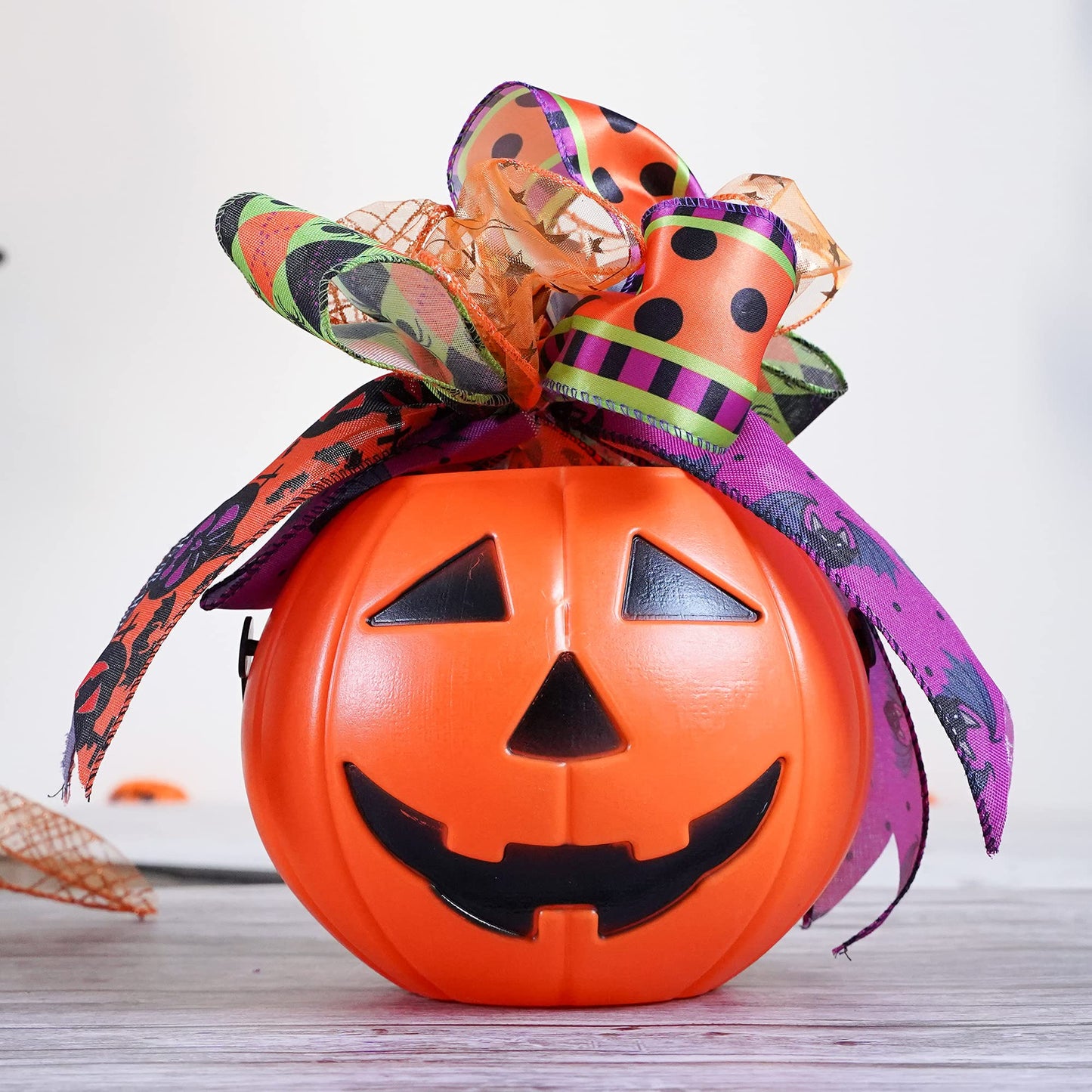 MEEDEE Halloween Wired Ribbon - 6 Rolls, 36 Yards, Black & Orange, Buffalo Plaid & Pumpkin Designs for Wreaths