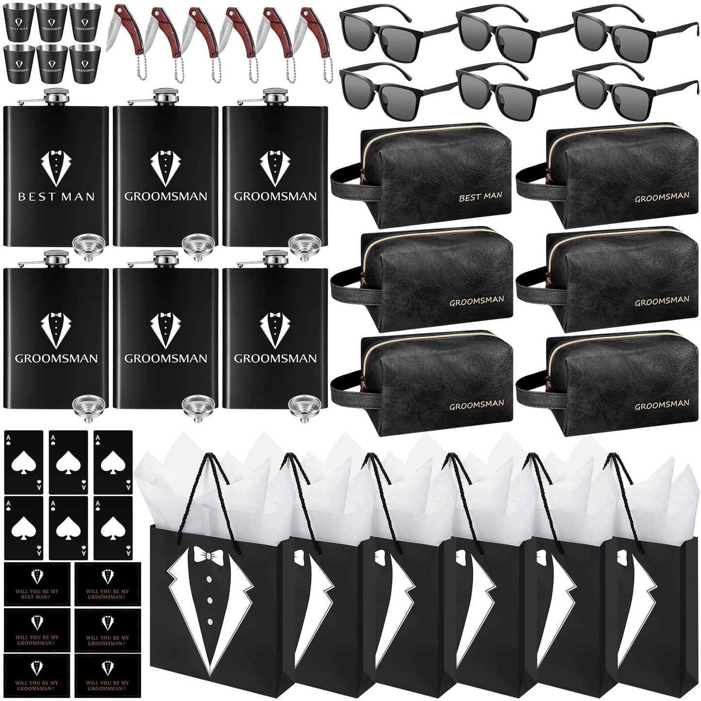 60Pcs Groomsmen Gifts Set of 6, Groomsmen Proposal Box with Flasks Sunglasses PU Leather Toiletry Bag Bottle Opener for Wedding Groomsman Best Man Gift (Black)