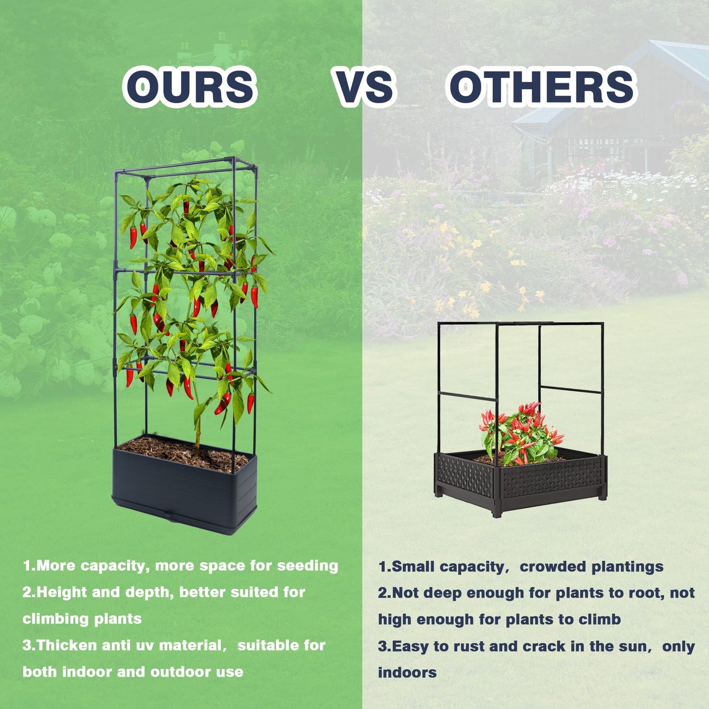 Sumloty 2Pack Raised Garden Bed Planter Boxe with Trellis, 43.4" Self Watering Tomato Raised Planter Box with Trellis for Climbing Vegetable Flowers and Plants, Tomato Cage for Indoor Outdoor Use