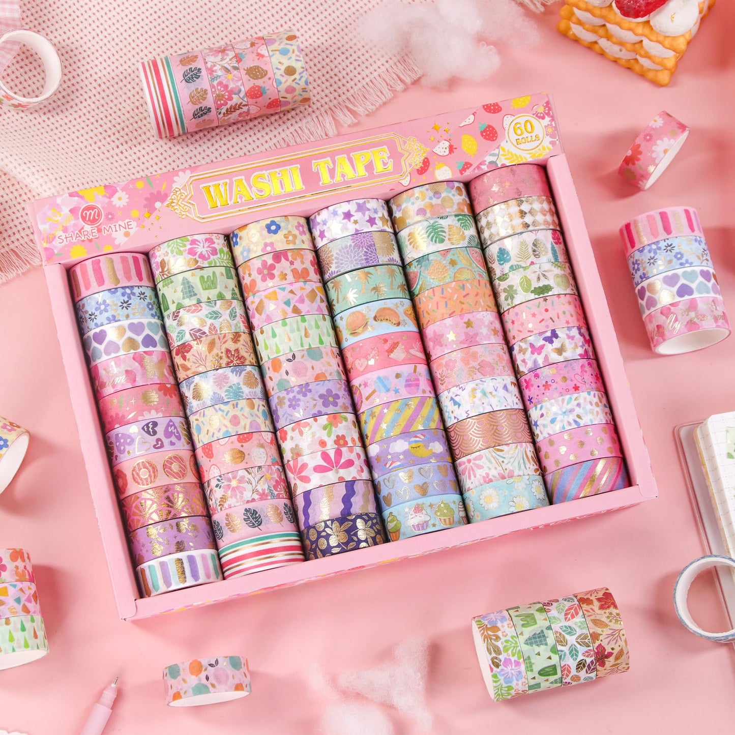 Sifaolp 60 Rolls Washi Tape Set, 15 mm Gold Foil Cute Pattern Floral Decorative for Journaling Supplies