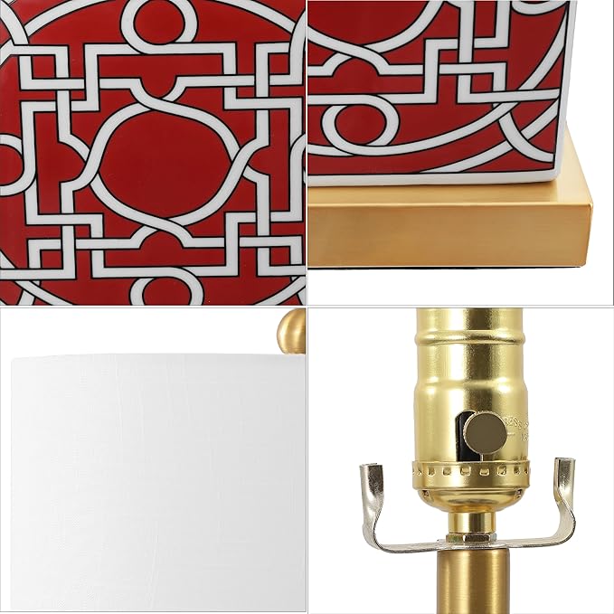 JONATHAN Y 22" Red/White Modern Ceramic Ginger Jar Table Lamp for Nightstand, Square Lattice Transitional Chinoiserie Lamp for Living Room, White Linen Shade, LED Bulb (JYL3044B)
