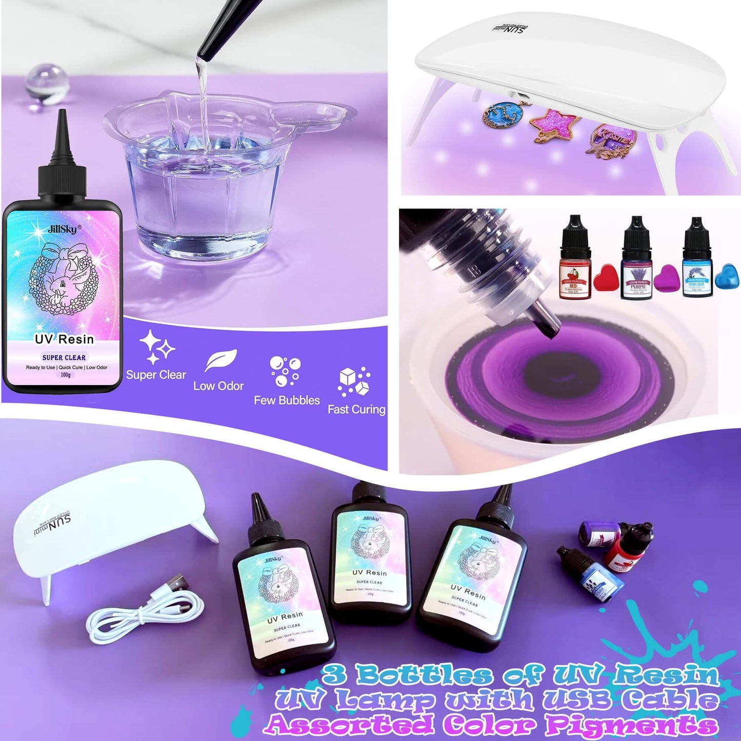 JILLSKY UV Resin Jewelry Making Kit, 300g Complete UV Resin Kit with Light, Molds, Storage Box & Tools for Beginners, DIY Resin Earrings, Necklaces, Pendants & Crafts