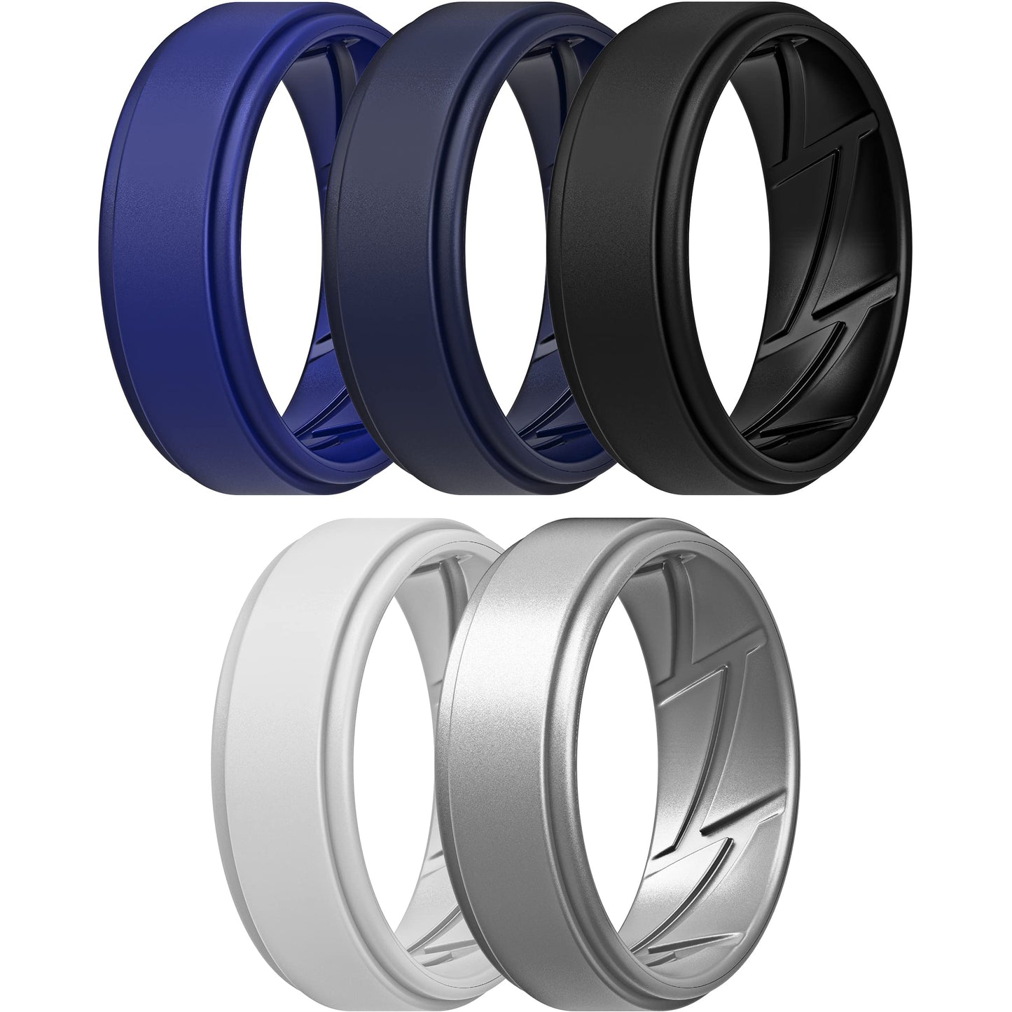 ThunderFit Silicone Wedding Rings for Men Breathable Airflow Inner Grooves, Step Edge Sleek Design Rubber Engagement Bands 8mm Wide 2mm Thick, Variety Multipack 1-7