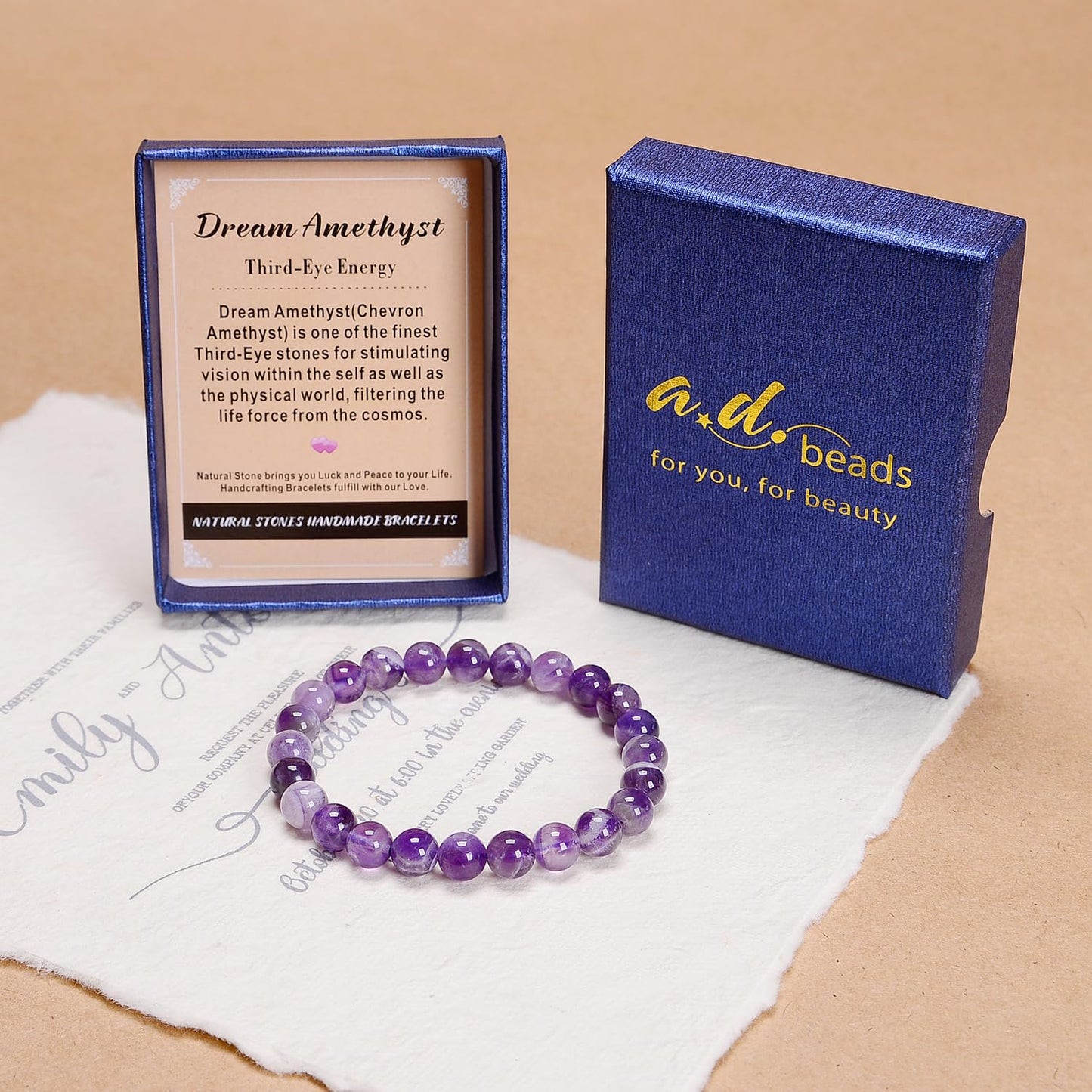 AD Beads Handmade Gemstone Stretch Elastic Bracelet Crystal Healing Reiki Nature's Beauty and Spiritual Essence Unisex (10mm, Dream Amethyst (Third-Eye Energy))