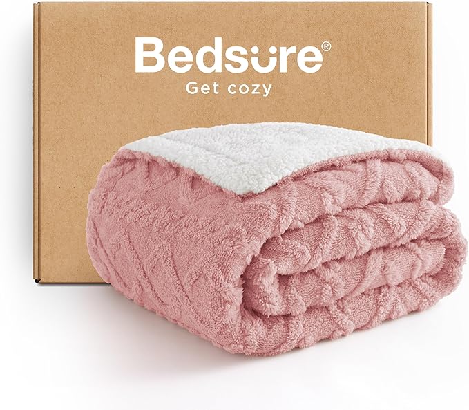 Bedsure Sherpa Fleece Throw Blanket for Couch - GentleSoft Fluffy & Cozy Cable Jacquard Tufted Throw for Women Gift, Thick and Warm Blankets for Winter, Pink, 50x60 Inches