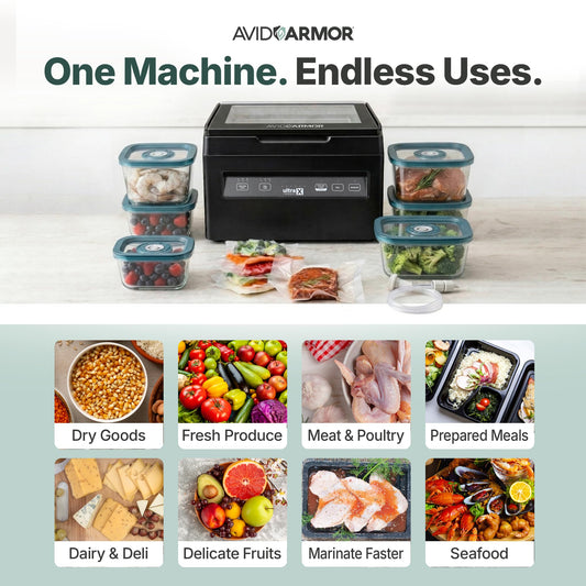 Avid Armor Chamber Vacuum Sealer Machine USVX Ultra Series 10" Seal Bar for Liquid-Rich Wet Foods, Cooking Sous Vide, Infusions. Compact Size Vacuum Chamber Sealer Black Color Great for the Countertop