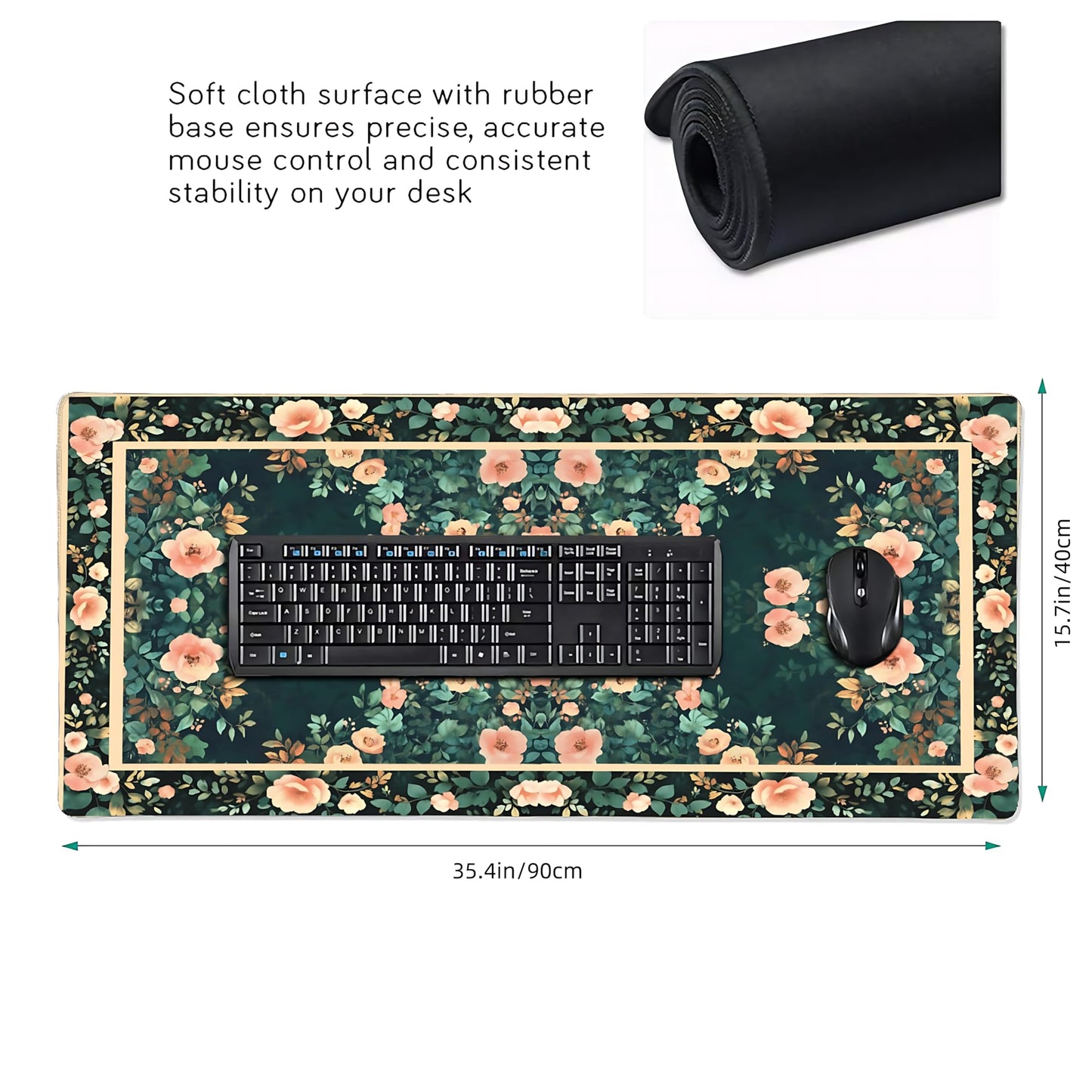 Floral Aesthetic Rose Gaming Mouse Pad, Forest Green Rug Desk Mat with Anti-Slip Base & Stitched Edges,35.4" x 15.7" in Table Mat for Computer Desktop, Beautiful Workstation Decor