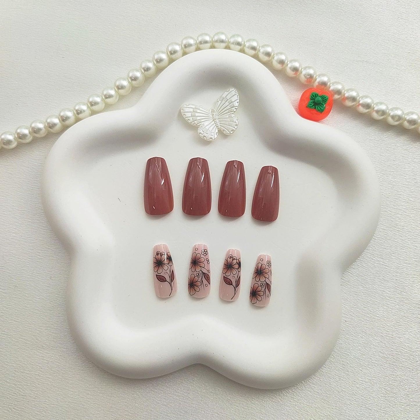 Medium Press On Brown Glossy Glue On Nails - 24Pcs Winter Fall Acrylic False Nails with Floral Designs