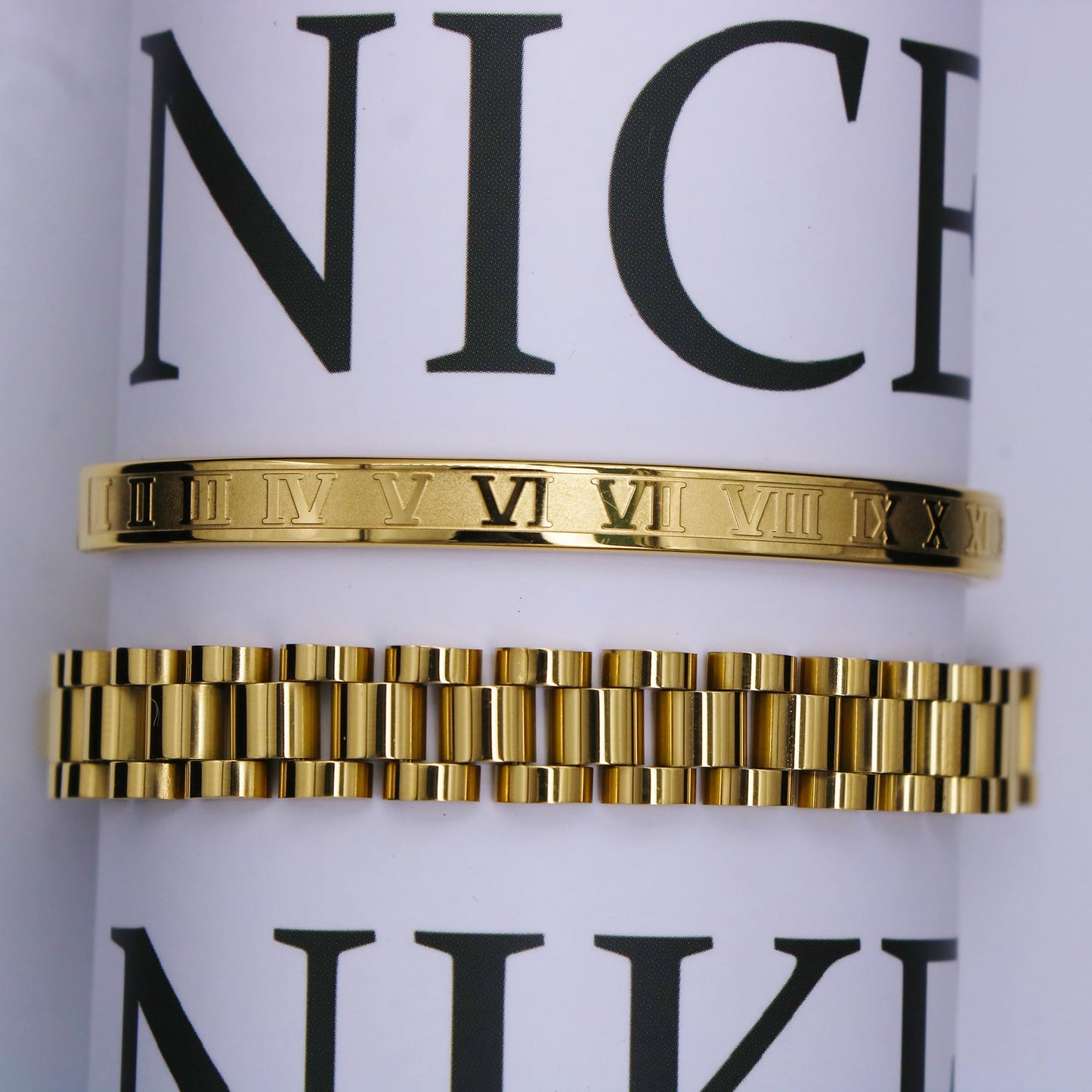 Jarlinwel Gold Silver Plated Bracelets for Men Women Roman Numeral Bangle Bracelet Stainless Steel Personalized Engraved Unisex Gift (2 Pcs Women Gold Strap Bracelet)