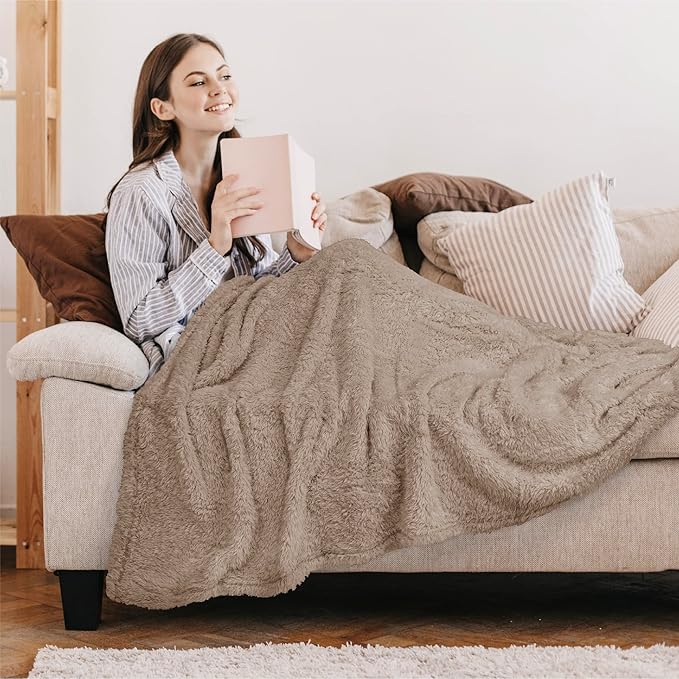 PAVILIA Sherpa Throw Blanket for Couch Sofa, Taupe Tan Fluffy Warm Plush Blanket for Twin Bed, Cozy Super Soft Lightweight Throw, Fuzzy Decorative Blanket, All Season Home, 60x80