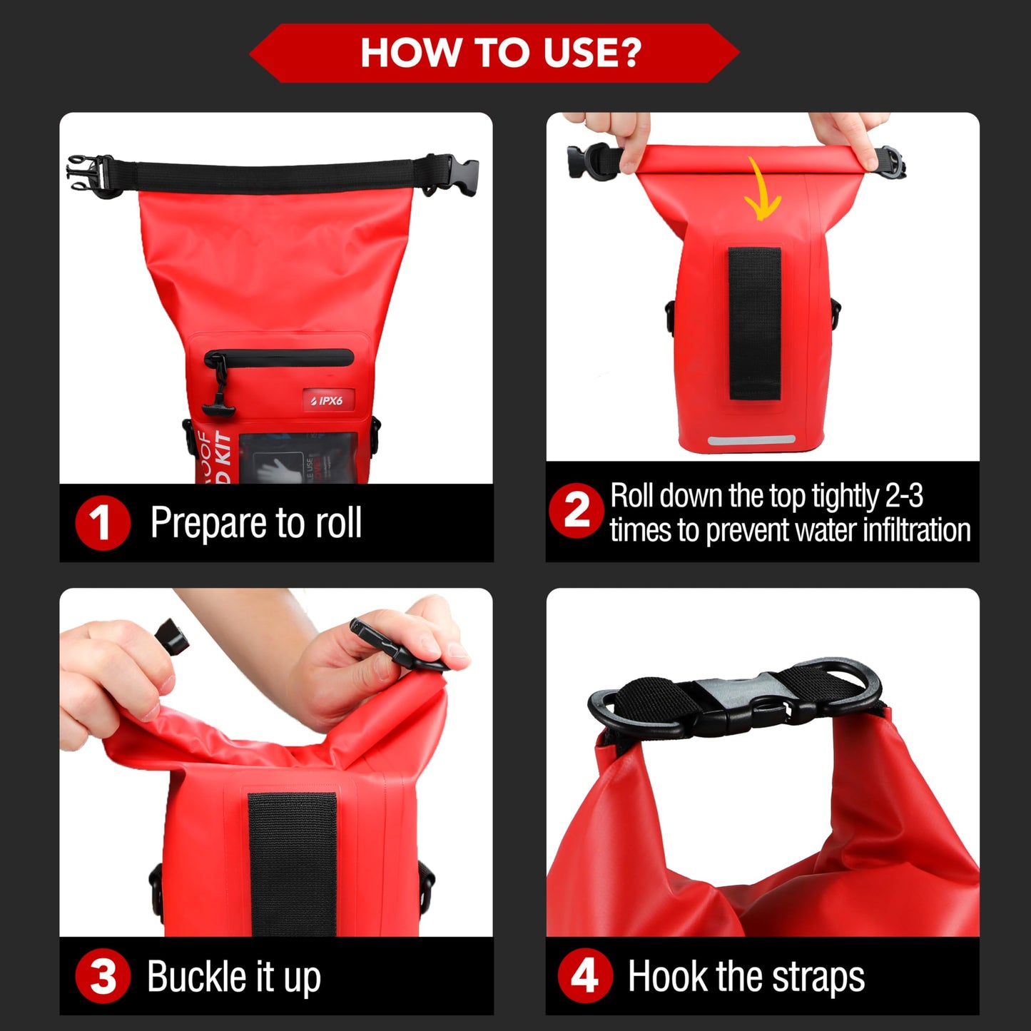 250 PCS Waterproof First Aid Kit, Roll Top Reflective Boat Dry Bag Bug Out Bags, Emergency Medical Kit Ideal for Boating, Camping, Fishing, Kayaking, Floating, Red