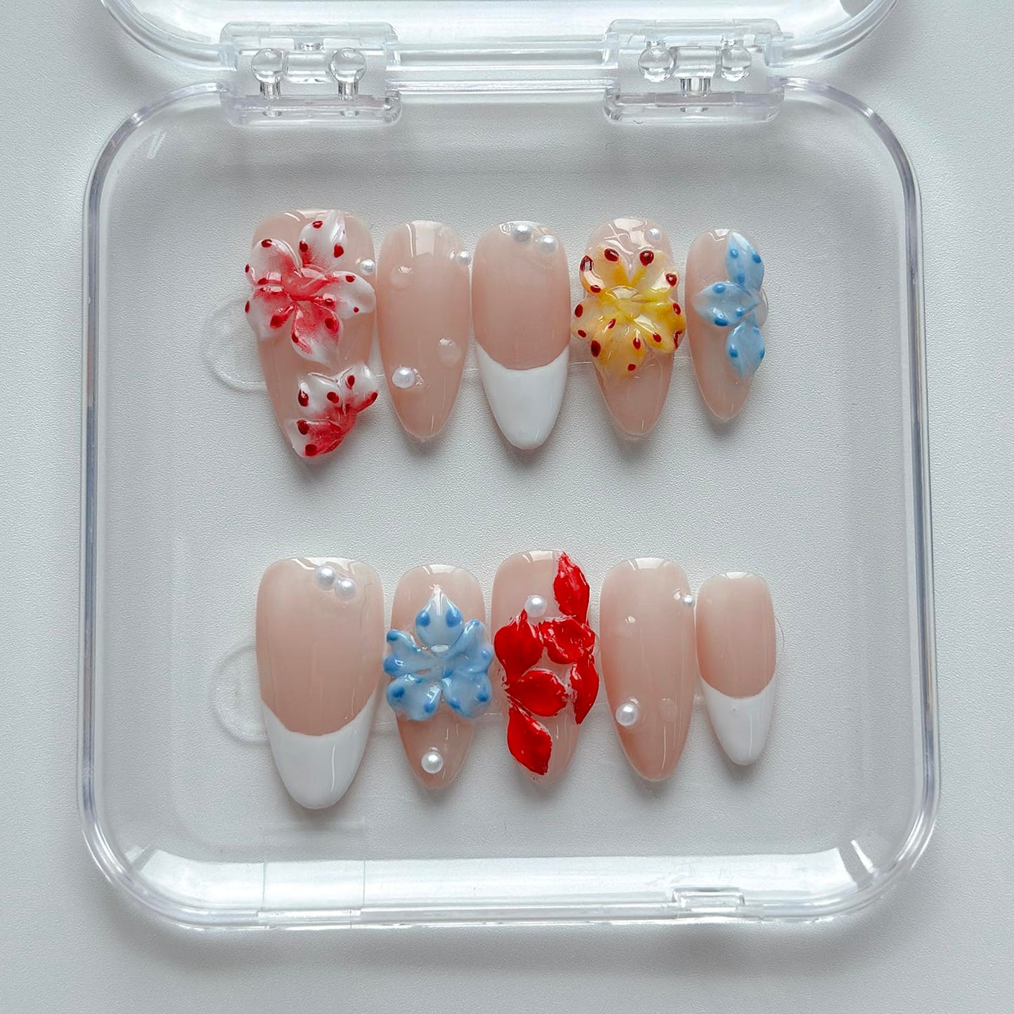 Luxury Press on Nails Medium Almond Handmade 3D Unique Reusable ABS Material Fake Nails White French Tip False Nails with Designs Polka Dots Pearls Flower Glossy Glue on Nail Thick Acrylic Nail(S)