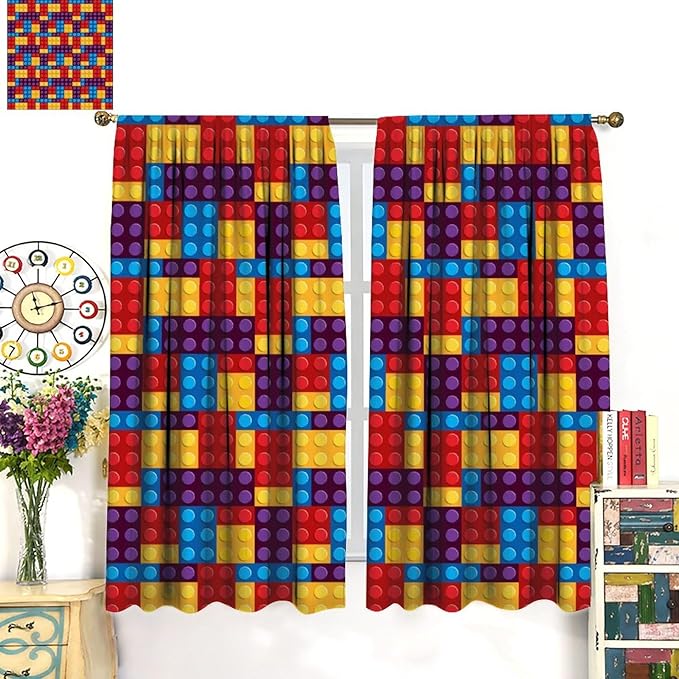 Building Block Colored Curtains, Children's Themed Curtains Collection Building Block Patchwork Cartoon Print Curtains, Light Trim 2 Panel Set Rod Pockets 52x84in