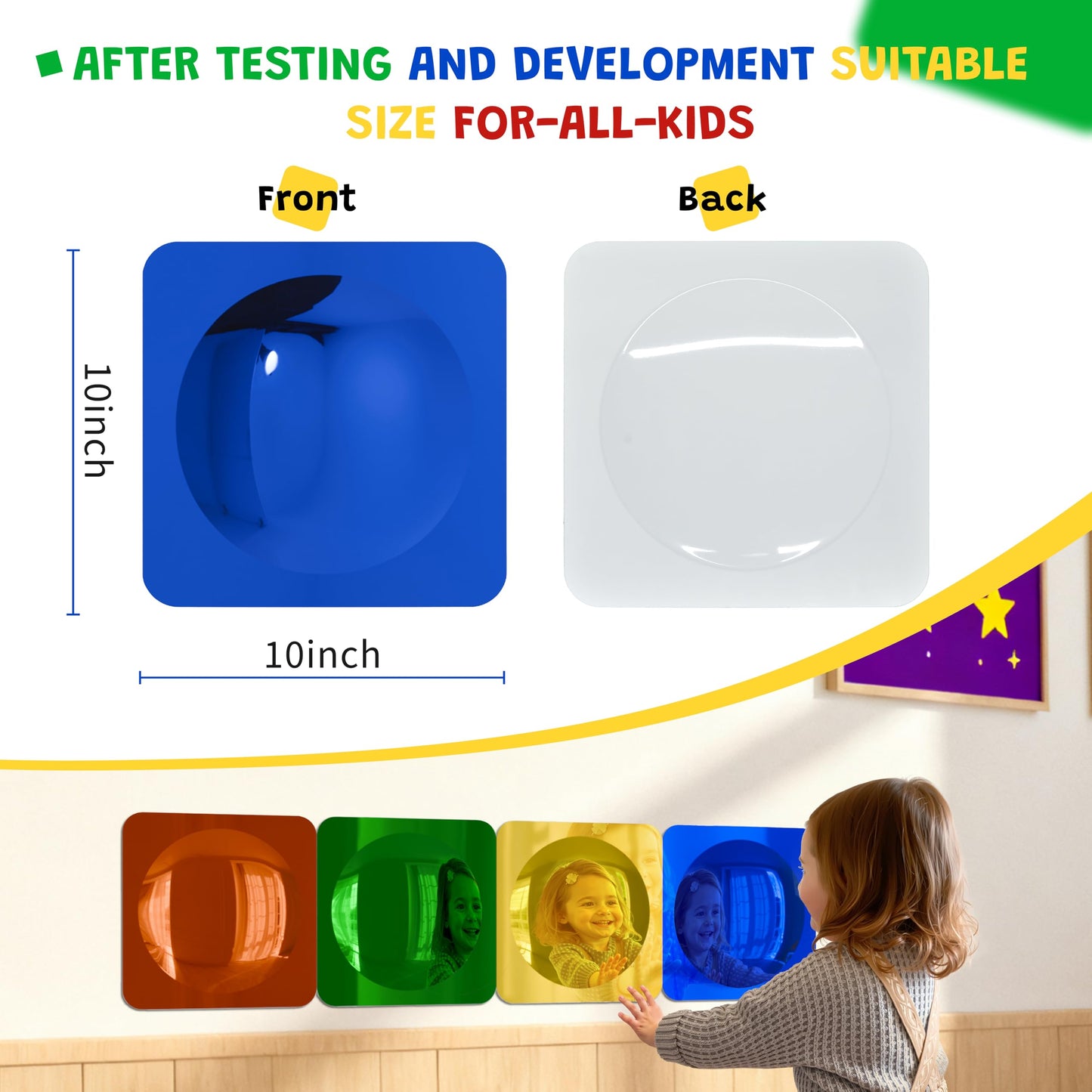 Whimtoyland 4 Pcs Sensory Wall Mirror Acrylic Bubble Mirror Wall Decoration for Kids Classroom Kindergarten Sensory Room Science Classroom Decompression Space (10 x 10 Inch,Red,Yellow,Green,Blue)