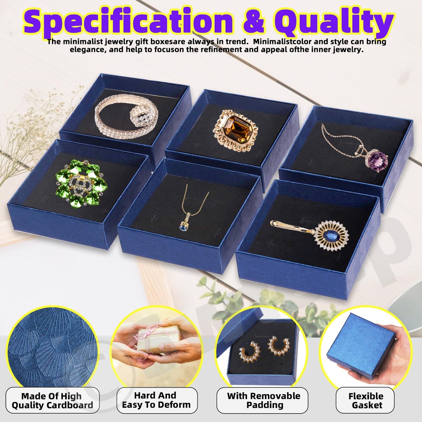 Swpeet 12Pcs Royal Blue 3.5×3.5×1 Inch Cardboard Jewelry Gift Boxes with Scissors and Polyester Ribbon, Necklace Earring Bracelet Boxes Gift Case Ideal for Jewelry Storage Packaging Display